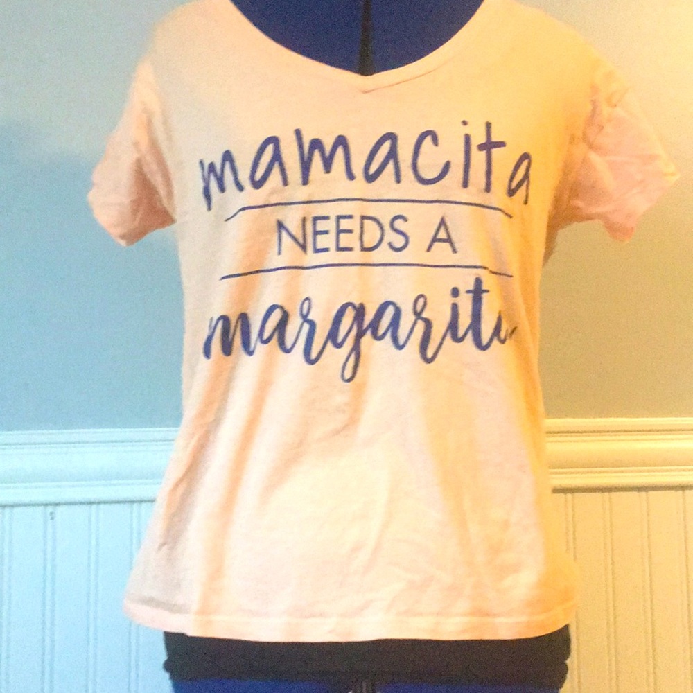 Mama Tshirt. Light coral with blue print.
